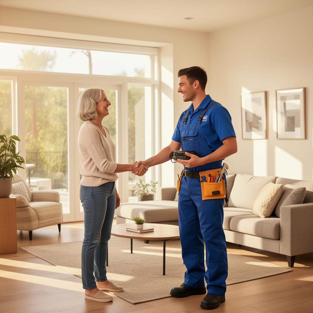 Climatech Heating and Air technician greeting a satisfied homeowner